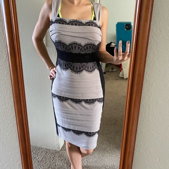 Beige and black lace elegant evening dress - Picture 2 of 10